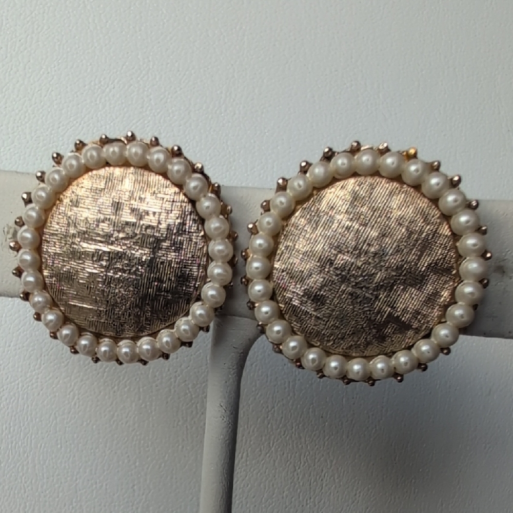 CORO Textured Gold Earrings with Pearl Accents